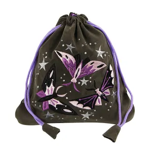 Factory Custom Embroidery Butterfly Velvet Crystal Pouch Drawstring Bag