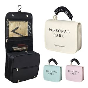 Hanging Canvas Travel <b>Makeup</b> Bag with Hook Multi Compartment Cosmetic Organizer Shoulder Length Handle <b>for</b> Toiletries <b>Storage</b> - Product Image 1
