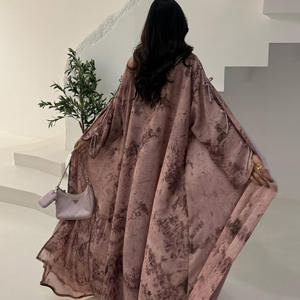 <span class=keywords><strong>Ensemble</strong></span> Abaya et Foulard en Chiffon Doux à Double Couche, Imprimé Tie-Dye, Vêtement Musulman Modeste, Kimono Cardigan Respirant, Style Dubaï pour Femmes - Product Image 2