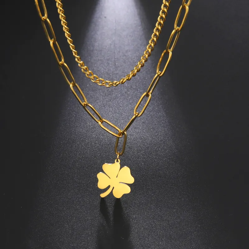 Tarnish Free Lucky Clover Pendant Necklace Double Layer Stainless Steel Sweater Chain Choker Jewelry Trendy Necklace For Women