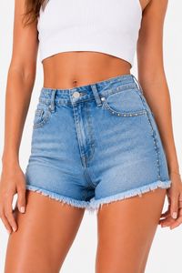 Shorts in denim a vita alta con orlo sfrangiato e tasche, in cotone stonewashed, stile casual, per l'estate - Product Image 5