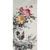 Peinture chinoise Lingfeng, pivoine et coq peints à la main, sur papier Xuan écologique, disponible sans cadre/en rouleau, motif oriental porte-bonheur pour mur
