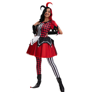 Disfraz de payaso Harlequin, vestido a cuadros rojo y negro con medias a rayas y sombrero para fiesta de Halloween, actuación en escenario, talla para adultos - Product Image 4