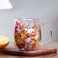 Tasse à café à double paroi isolée en verre borosilicate avec poignée, pour expresso, latte, lait, jus, thé, avec fleurs séchées