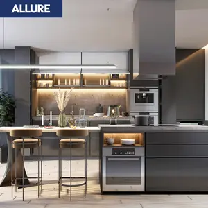 Allure Counter-Eilanden Hoogglans Luxe Moderne Complete Set Cuisine Ka Saman Foto 'S Roestvrijstalen Meubelen Keukenkast