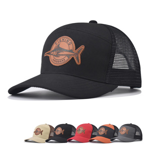 Gorro de camionero Snapback de algodón clásico de 7 paneles con parche de cuero personalizado Fish <span class=keywords><strong>Path</strong></span> Gorras de béisbol de malla ajustable para hombre - Product Image 1