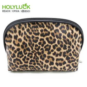 Bolsa de maquiagem com zíper personalizada para mulheres, acessório de viagem com estampa de leopardo, bolsa de couro para pincel e cosméticos, preço de atacado