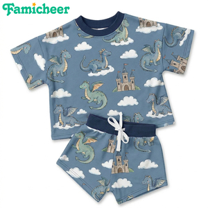 Ensemble pyjama pour bébés garçons et filles, imprimé multi-cartoons, t-shirt à manches courtes + short à cordon de serrage, tenue 2 pièces, OEM personnalisé, coton doux et respirant - Product Image 3