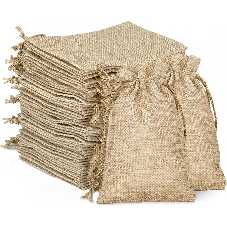 2024 Wholesale In Stock Cheap Custom Christmas Small Pouch Burlap Durable Natural Linen Gift Jute Drawstring Bag
