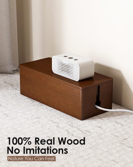 Vintage Polished Dark Walnut Wooden Multifunction Cable Management Box Hinged Lid Rectangular Cord Organizer Power Strip Charger