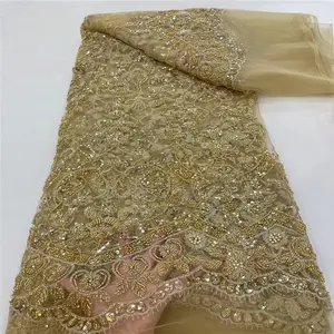 Latest Design Durable Hand, Embroidery Crystal Rhinestone White Beaded Nigerian Net bridal Wedding Dress Mesh Tulle Lace Fabric/