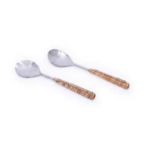 Ensemble élégant de fourchettes et cuillères à salade en acier inoxydable avec manche en rotin tressé – Décoration d'intérieur - Product Image 1