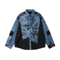 Chemise en jean Kornit imprimée DTG, coupe ample, effet vieilli, délavée, style streetwear, motif végétal, effet soleil éclairé