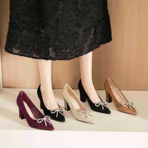 7188C-199 Suede Pumps Pointed Toe <b>Block</b> Heel With Bow Decoration <b>Rubber</b> Outsole Formal Comfort Shoes - Product Image 4