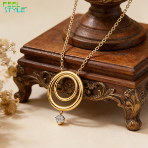 Collana Minimalista con Doppio Cerchio e Ciondolo CZ, Placcata in Oro 18K, Acciaio Inossidabile, Gioiello Trendy Impermeabile <span class=keywords><strong>per</strong></span> Donne - Product Image 5