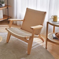 Fauteuil lounge en bois de frêne massif avec corde tressée, fauteuil moderne en corde tressée à la main pour salon et terrasse