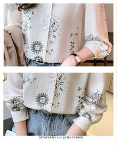 Blus Motif Bunga Matahari dan Bintang 2023 Baru Longgar Draping Kemeja Wanita Lengan Panjang Kemeja Sifon Putih - Product Image 6