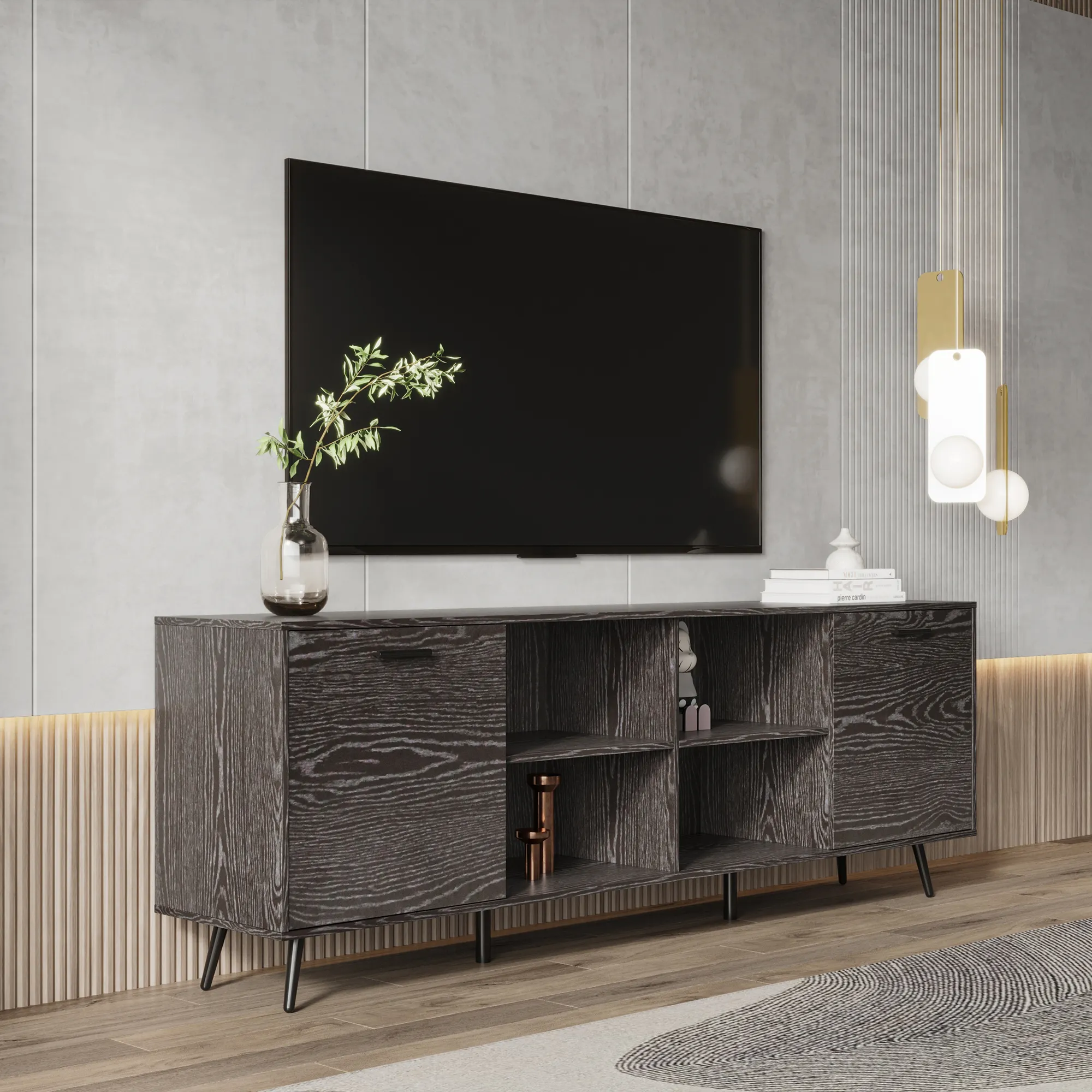 Gaya modern tv berdiri 100 inci bibliothque salon tv untuk ruang tamu tampilan unit ensemble meuble dengan tempat api walnut