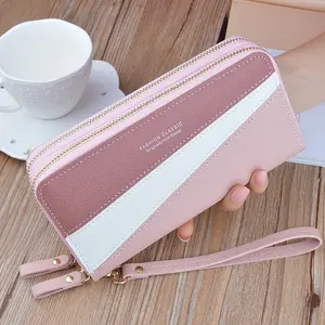 New women's long double zippered double-layer fashionable contrasting color large capacity zero wallet
