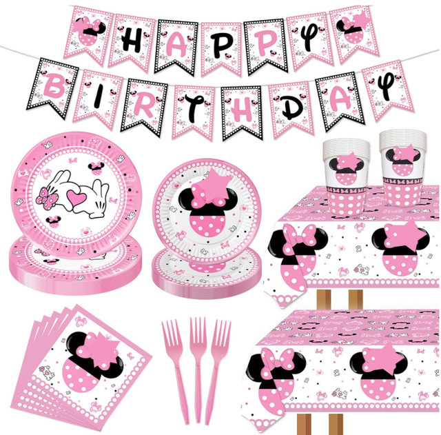Mouse Cartoon Theme Baby Shower Girl Birthday Party Pink Dinnerware Paper Plates Cups Napkins Forks Table Cloth Banners Supplies