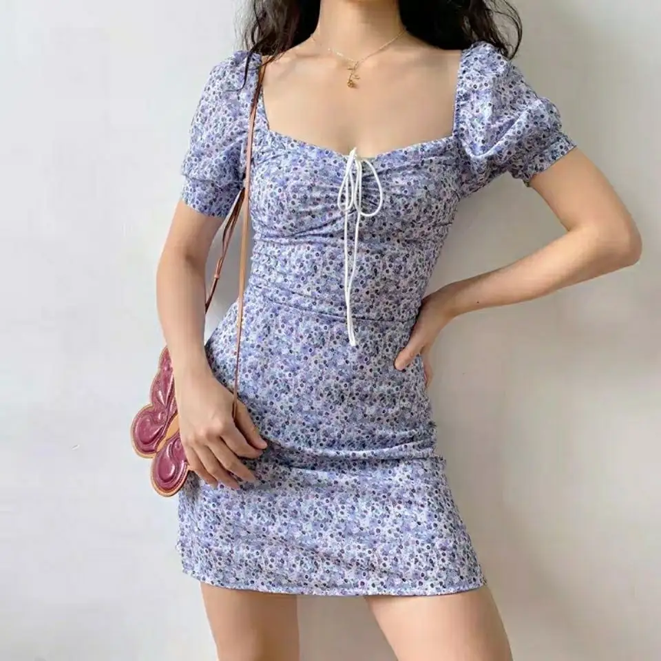 Retro Bow Floral Sling Dress Lace Seaside Vacation Inspired Short Skirt Fragmented Sexy Suspender Spring Summer