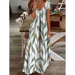 2023 Summer Fashion Floral Print V Neck Short Sleeve Party Dresses for Women Casual Sweet Slim Beach Midi Dress Clothing