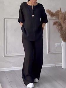 Set 2 Pezzi da <span class=keywords><strong>Donna</strong></span> in <span class=keywords><strong>Lino</strong></span> e Cotone, Taglie Forti, Stile Personalizzato o Logo ODM, <span class=keywords><strong>Pantaloni</strong></span> Larghi a <span class=keywords><strong>Vita</strong></span> <span class=keywords><strong>Alta</strong></span> e Top Casual - Product Image 3