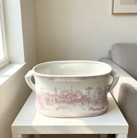 Bac en céramique ovale rose style campagne française avec deux poignées, motif Toile de Jouy vintage, en porcelaine, pour table ou comme pot décoratif