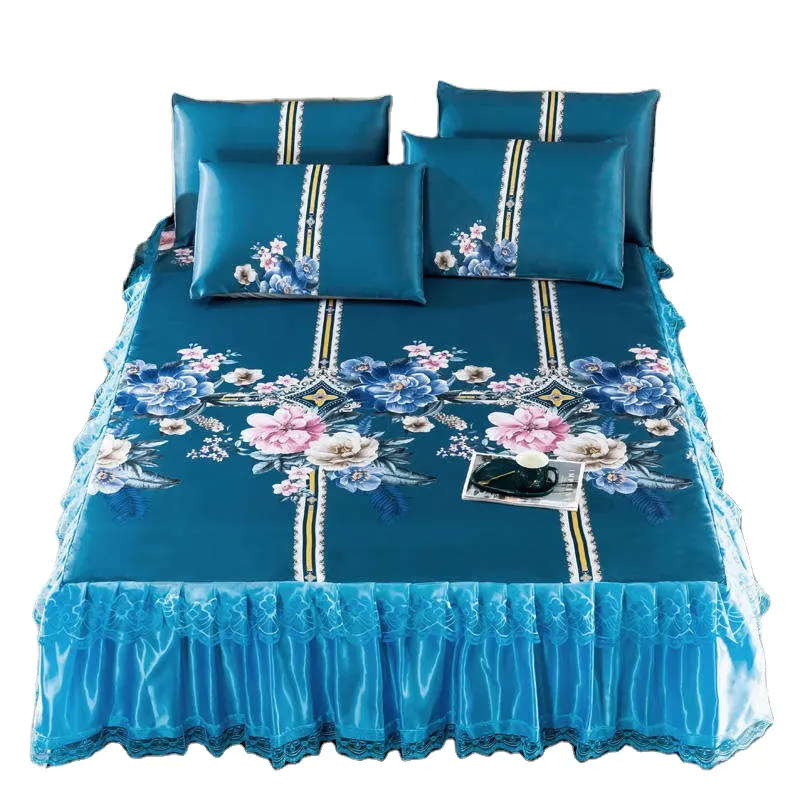 Floral or Geometric Princess Non-slip Full Queen King Size Bed Skirt And 2 Pillowcases Sets Luxury Bed Sheet Bedding Set