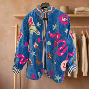 Chaqueta de Mujer Estilo Y2K, Azul Rey, de Terciopelo, Bordada a Mano, con Patrón Floral Acolchado, Cuello Alto y Manga Larga - Product Image 2