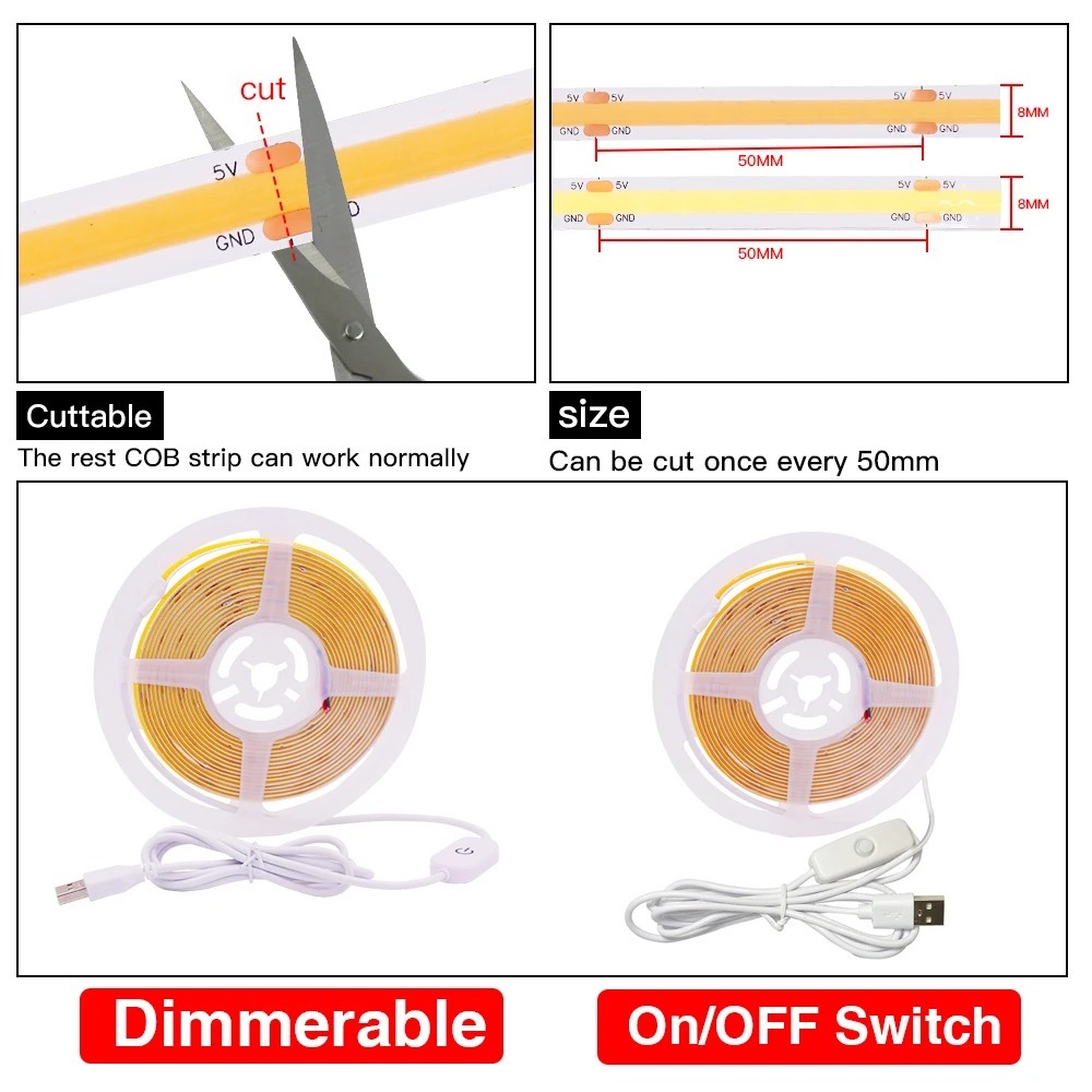 5V USB on Off Touch Dimmable Switch COB Led Strip Lights Rope Light with Usb Plug Cob Dimmable Led Strip · image 3