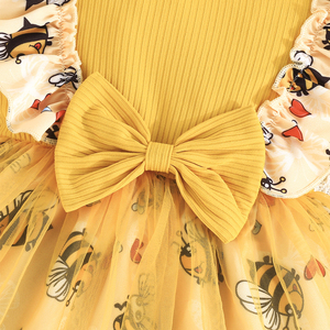 ชุดเซ็ตสองชิ้นลำลองสำหรับเด็กผู้หญิงตัวเล็ก ชุดเดรสตาข่ายน่ารักประดับโบว์ พร้อมผ้าโพกศีรษะสำหรับเด็ก - Product Image 4