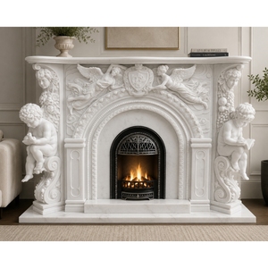 Cheminée classique en marbre blanc sculpté à la main avec manteau de cheminée, ange chérubin, cadre européen en fonte pour décoration de villa de luxe et hôtel - Product Image 1