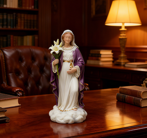 Statue de la <span class=keywords><strong>Vierge</strong></span> <span class=keywords><strong>Marie</strong></span> <span class=keywords><strong>enceinte</strong></span> avec robe violette et lys blanc, sculpture en résine peinte à la main de la future mère pour bénédiction catholique - Product Image 5