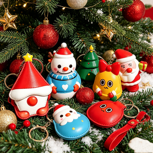 Wholesale <b>Cute</b> PU Leather Christmas Keychain 3D Cartoon Santa Xmas Tree Gingerbread Man <b>Keyring</b> - Product Image 1