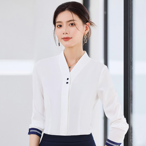 Women's Professional White Shirt Long Sleeve V-Neck Airline Uniform Spring 2025 Polyester Material - Product Image 3