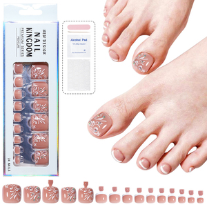 Presione en las <span class=keywords><strong>uñas</strong></span> <span class=keywords><strong>de</strong></span> <span class=keywords><strong>los</strong></span> <span class=keywords><strong>pies</strong></span> con piedras, patrón <span class=keywords><strong>de</strong></span> flores elegante corto, Color desnudo, cubierta completa brillante, <span class=keywords><strong>uñas</strong></span> postizas acrílicas encantadoras - Product Image 3