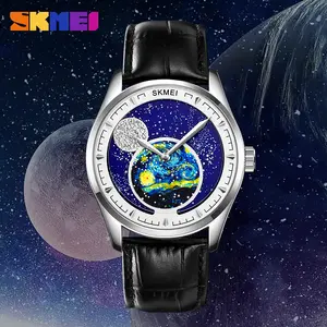 New Fashion Vast Starry Sky Skmei 2115 Moon Phase Relógio De Couro Genuíno Homens Relógios De Pulso 3ATM Relojes Hombre