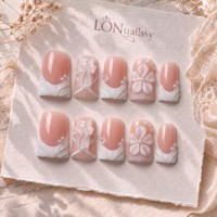 Colección de Diseñador OEM, Uñas Acrílicas Francesas Curvadas Tipo Pico de Pato, Hechas a Mano, Cobertura Completa PMMA, Uñas 3D Doradas, 10 Piezas