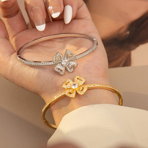 Four Leaf Clover <b>Bracelet</b> Gold Silver <b>Copper</b> Alloy Channel Setting Jewelry Unisex Anniversary Gift - Product Image 1