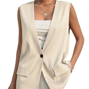 V-Neck Single Button Solid Color <b>Long</b> Solid <b>Women's</b> <b>Vest</b> <b>Top</b> Fashion - Product Image 6