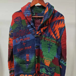 Cárdigan de Punto Patchwork Hecho a Mano con Cuello de Solapa, Informal, Transpirable, de Lana/Cachemira para Mujer, con Eslogan de Exploración y Senderismo - Product Image 1