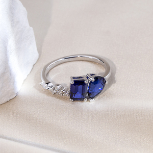 Messi Jewelry MSR-1805 <b>925</b> <b>Silver</b> Emreald Pear Cut May Birshstone Blue Sapphire Fashion <b>Ring</b> Claw Setting Two Stone <b>Ring</b> - Product Image 3