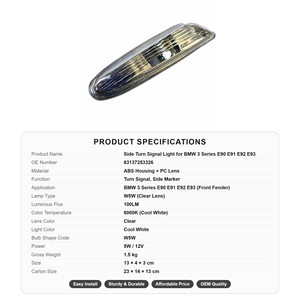 Luz Direccional Lateral de ABS Resistente, OE 63137253326, para <span class=keywords><strong>BMW</strong></span> <span class=keywords><strong>Serie</strong></span> <span class=keywords><strong>3</strong></span> E90 E91 E92 E93 - Product Image 4