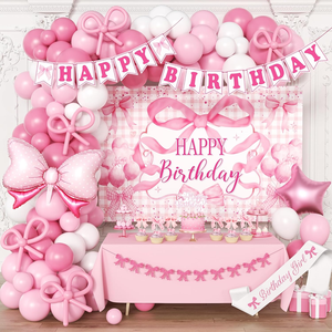 קישוטי מסיבת יום הולדת ורודים לנשים, רקע ורוד, קשת בלונים עם קשתות, באנר נוצץ, ציוד למסיבה בנושא קוקט - Product Image 1