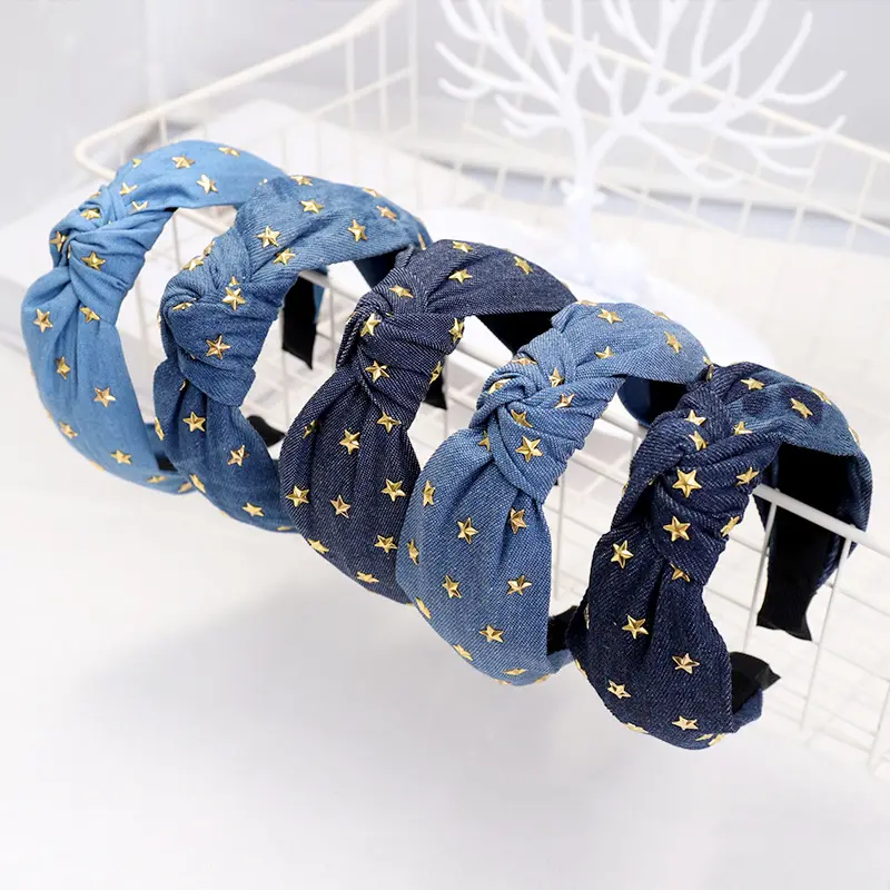 Lrtou Groothandel Mode Haaraccessoires Vrouwen Gouden Ster Haarband Denim Jeans Stof Knoop Hoofdband Haarband Voor Meisjes