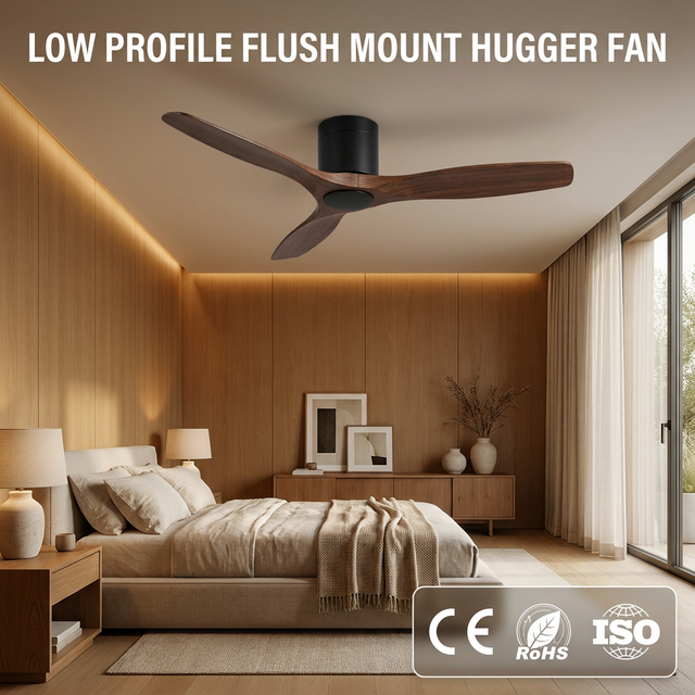 Modern Low Profile Flush Mount Ceiling Fan-Silent Smart DC Motor Hugger Ventilator-3 Walnut Wood Blades-Black-110V