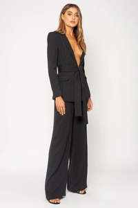 Produzione OEM di Abbigliamento Femminile alla Moda, Completi da <span class=keywords><strong>Ufficio</strong></span> Neri per <span class=keywords><strong>Donna</strong></span>, Tailleur con Scollo a V Profondo in Raso con Cintura - Product Image 4