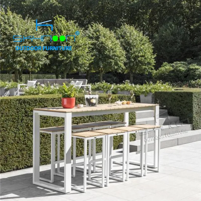 Juego de comedor de aluminio de lujo para exteriores, taburete de bar de aluminio de diseño moderno, muebles de jardín de último estilo para exteriores (64024)