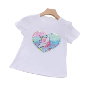 Toptan kızlar değişken desenli çevirme pullu Unicorn t-shirt kızlar için